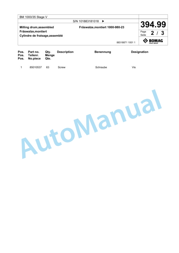 Bomag BM 1000-35 Stage V Cold Milling Planer Spare Parts Catalogue 00825555-4