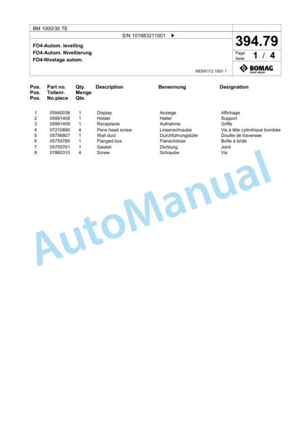 Bomag BM 1000-35 TE Cold Milling Planer Spare Parts Catalogue 00825875-3