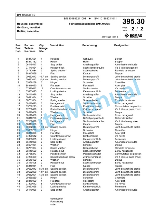 Bomag BM 1000-35 TE Cold Milling Planer Spare Parts Catalogue 00825875-4