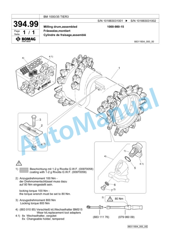 Bomag BM 1000-35 TIER3 Cold Milling Planer Spare Parts Catalogue 00824569-5
