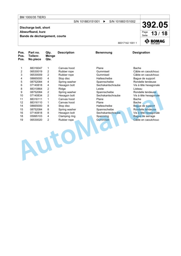 Bomag BM 1000-35 TIER3 Cold Milling Planer Spare Parts Catalogue 00825171-3