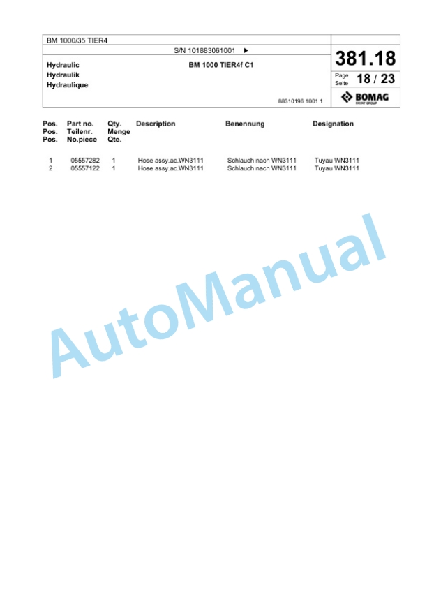 Bomag BM 1000-35 TIER4 Cold Milling Planer Spare Parts Catalogue 00824795-3