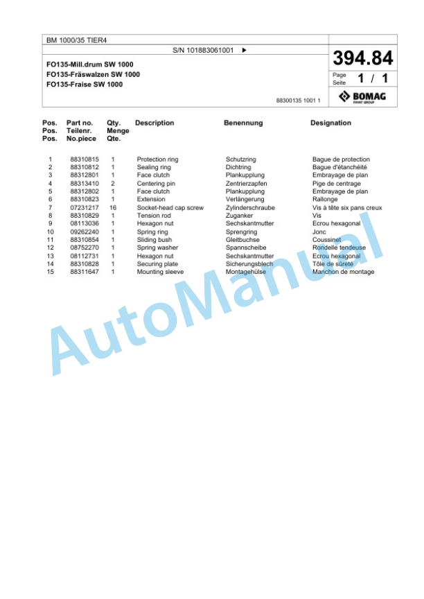 Bomag BM 1000-35 TIER4 Cold Milling Planer Spare Parts Catalogue 00824795-5