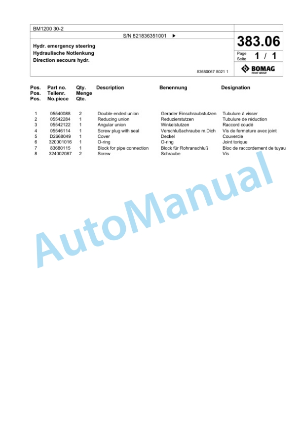 Bomag BM 1200 30-2 Cold Milling Planer Spare Parts Catalogue 00800669-3