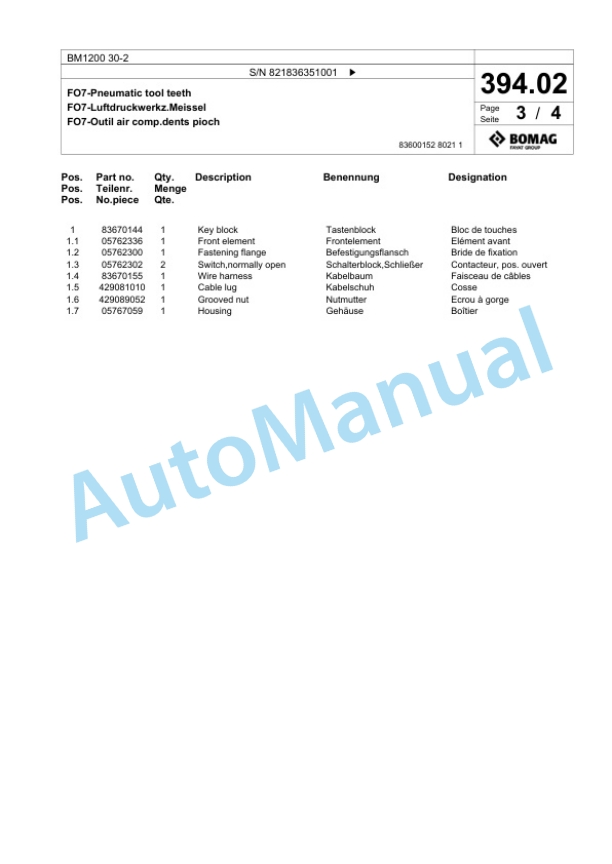 Bomag BM 1200 30-2 Cold Milling Planer Spare Parts Catalogue 00800669-4