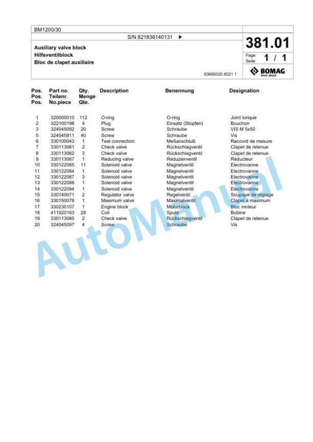 Bomag BM 1200-30 Cold Milling Planer Spare Parts Catalogue 00800617-2