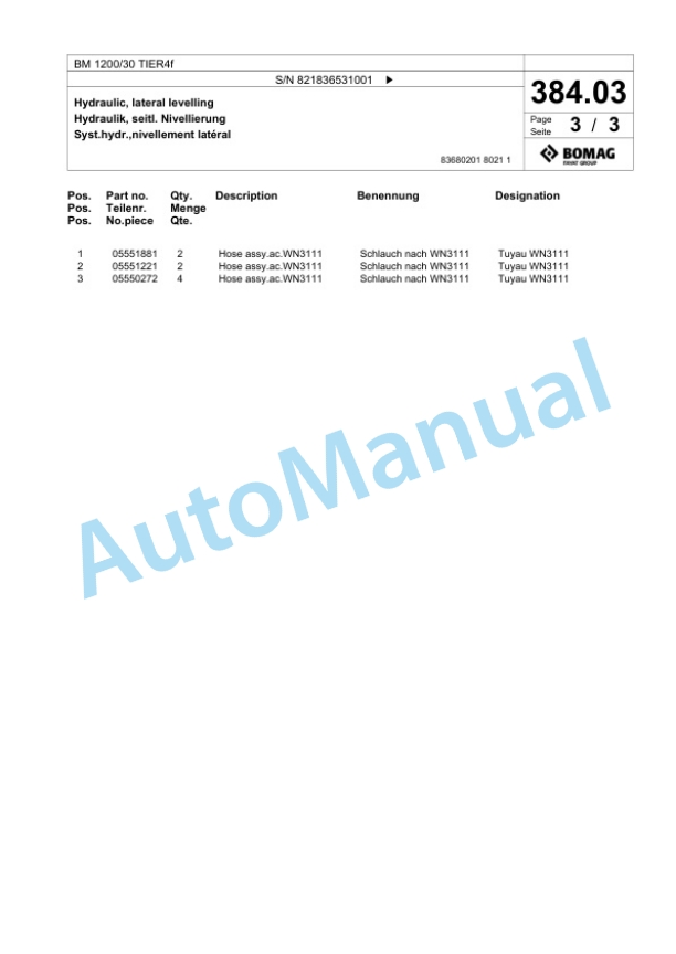 Bomag BM 1200-30 TIER4f Cold Milling Planer Spare Parts Catalogue 00824963-3