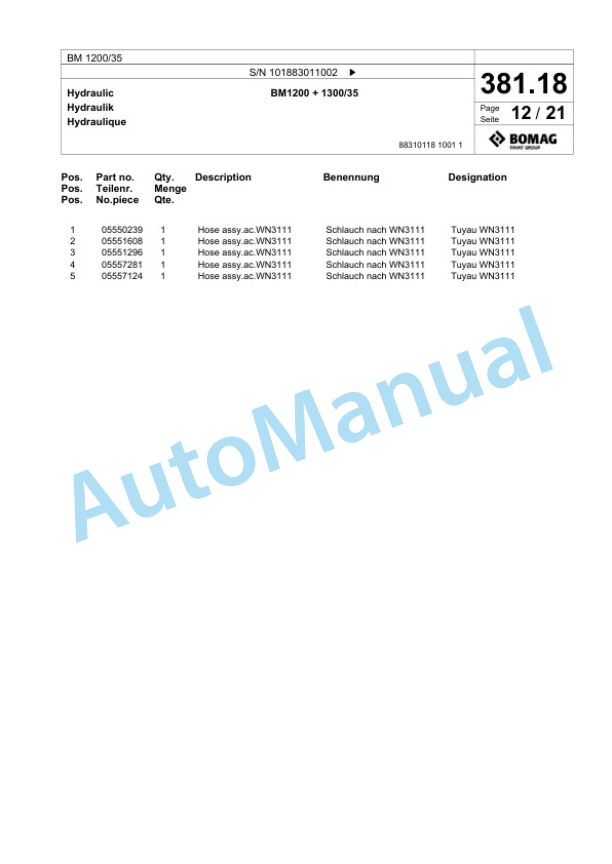 Bomag BM 1200-35 Cold Milling Planer Spare Parts Catalogue 00824533-3