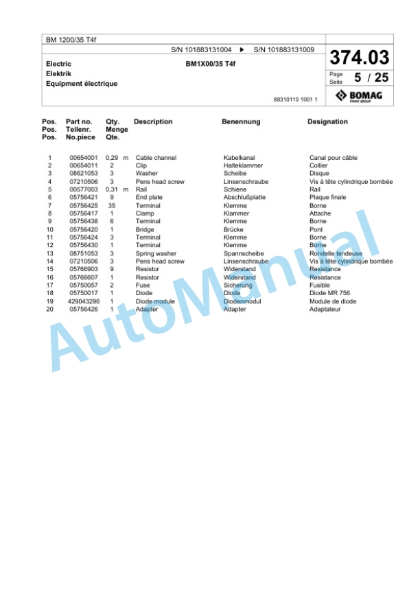 Bomag BM 1200-35 T4f Cold Milling Planer Spare Parts Catalogue 00825167-2