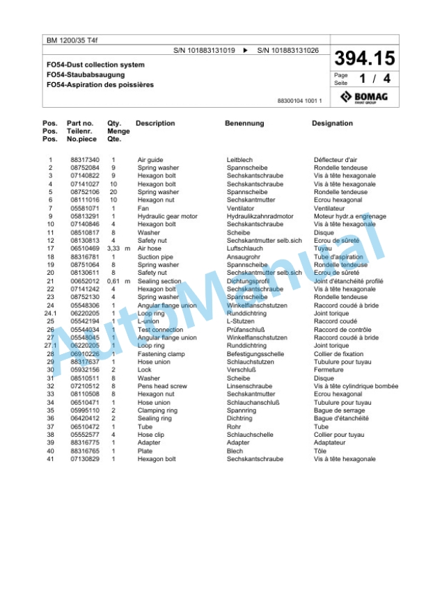 Bomag BM 1200-35 T4f Cold Milling Planer Spare Parts Catalogue 00825167-3
