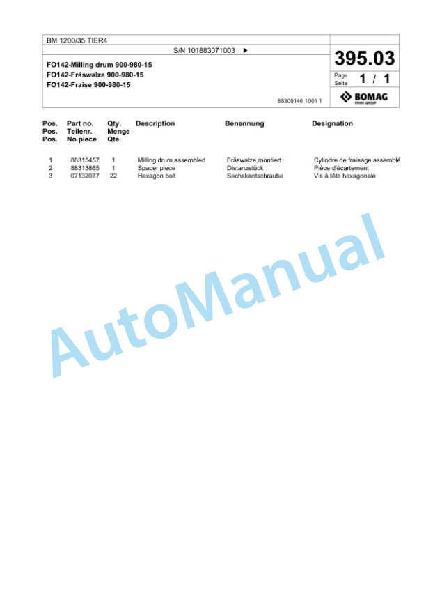 Bomag BM 1200-35 TIER4 Cold Milling Planer Spare Parts Catalogue 00824797-5