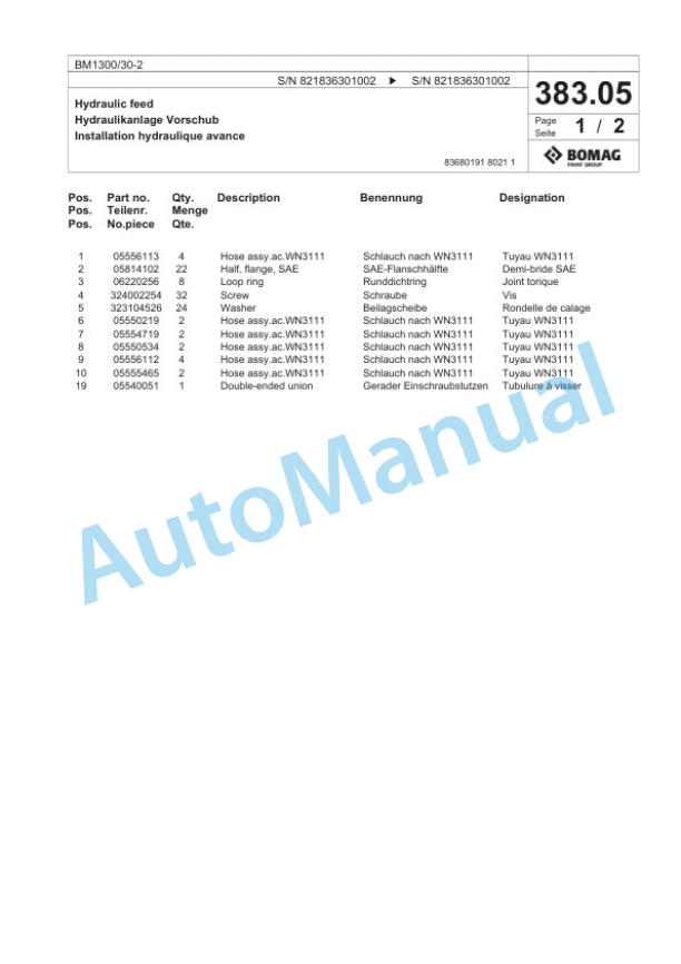 Bomag BM 1300-30-2 Cold Milling Planer Spare Parts Catalogue 00800673-3