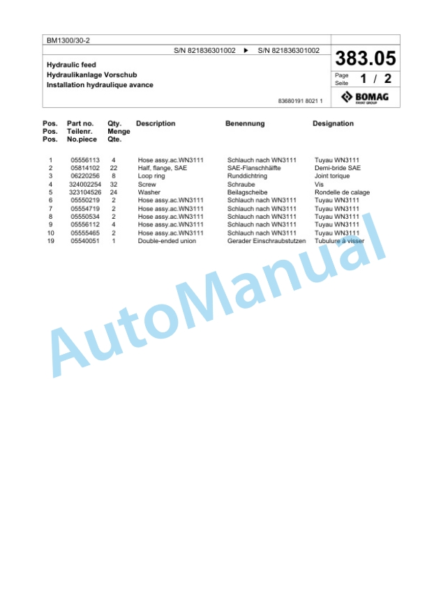 Bomag BM 1300-30-2 Cold Milling Planer Spare Parts Catalogue 00800673-3