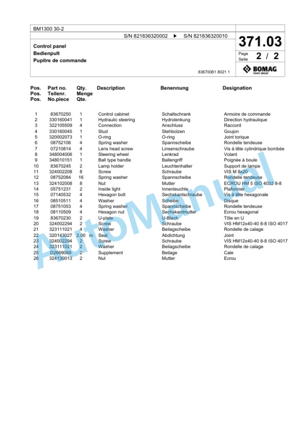 Bomag BM 1300 30-2 Cold Milling Planer Spare Parts Catalogue 00800675-2