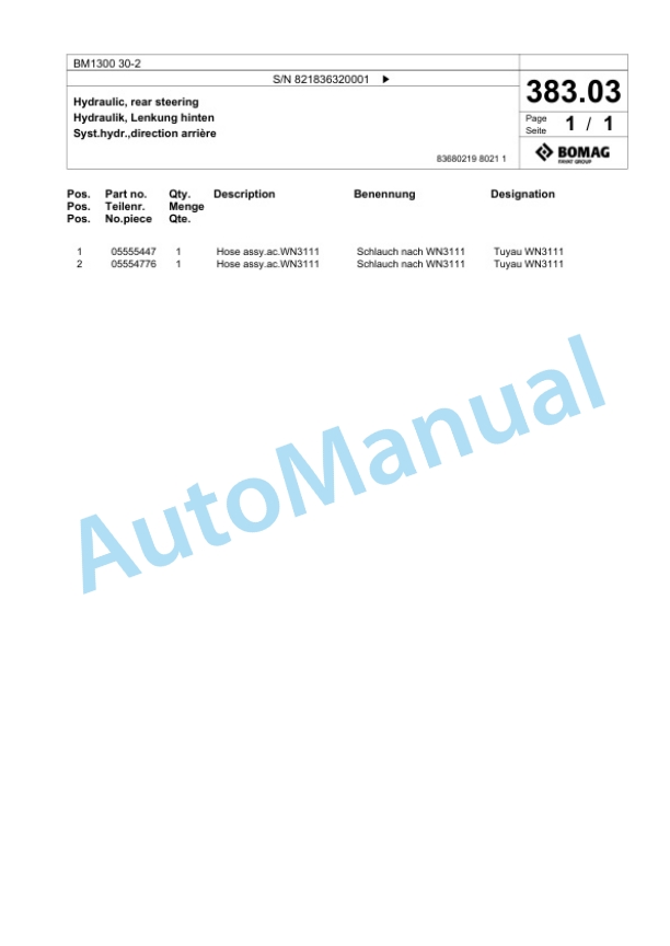 Bomag BM 1300 30-2 Cold Milling Planer Spare Parts Catalogue 00800675-3