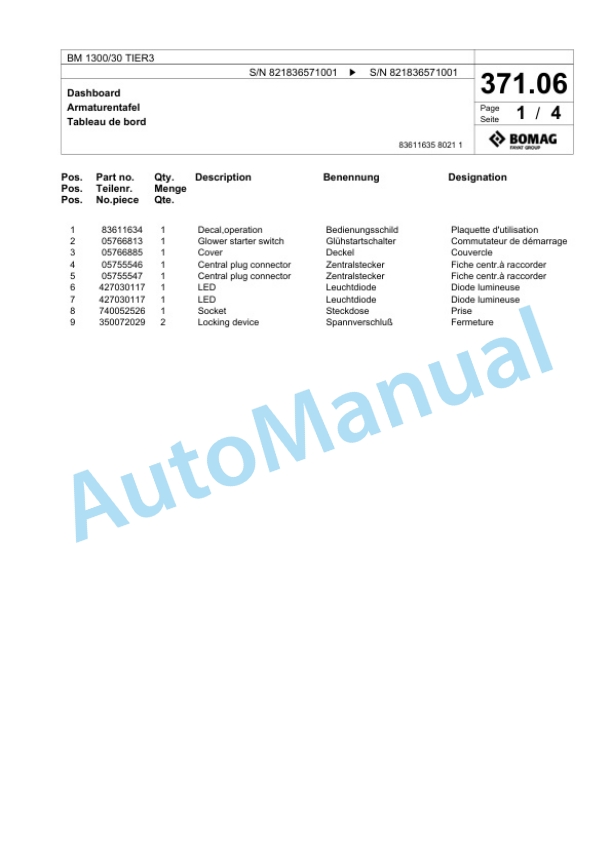Bomag BM 1300-30 TIER3 Cold Milling Planer Spare Parts Catalogue 00825095-2