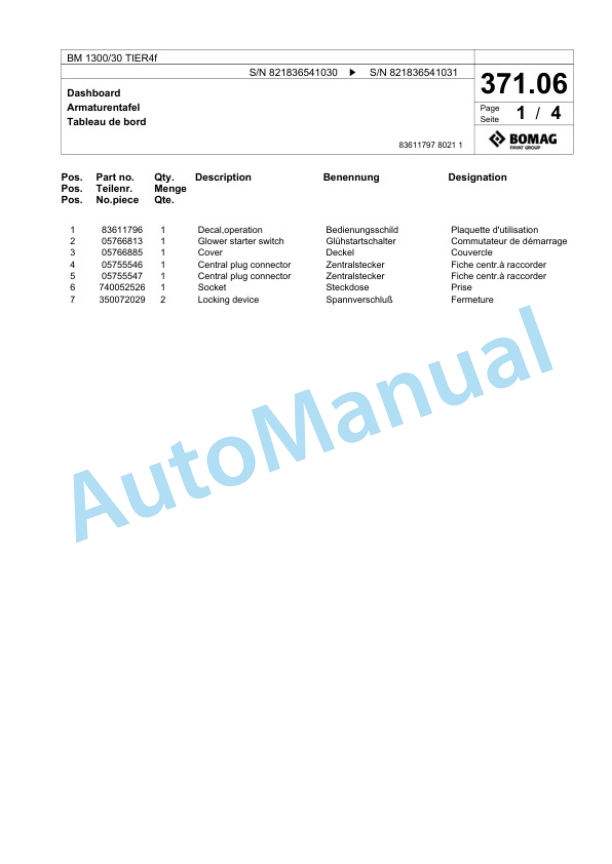 Bomag BM 1300-30 TIER4f Cold Milling Planer Spare Parts Catalogue 00824965-2