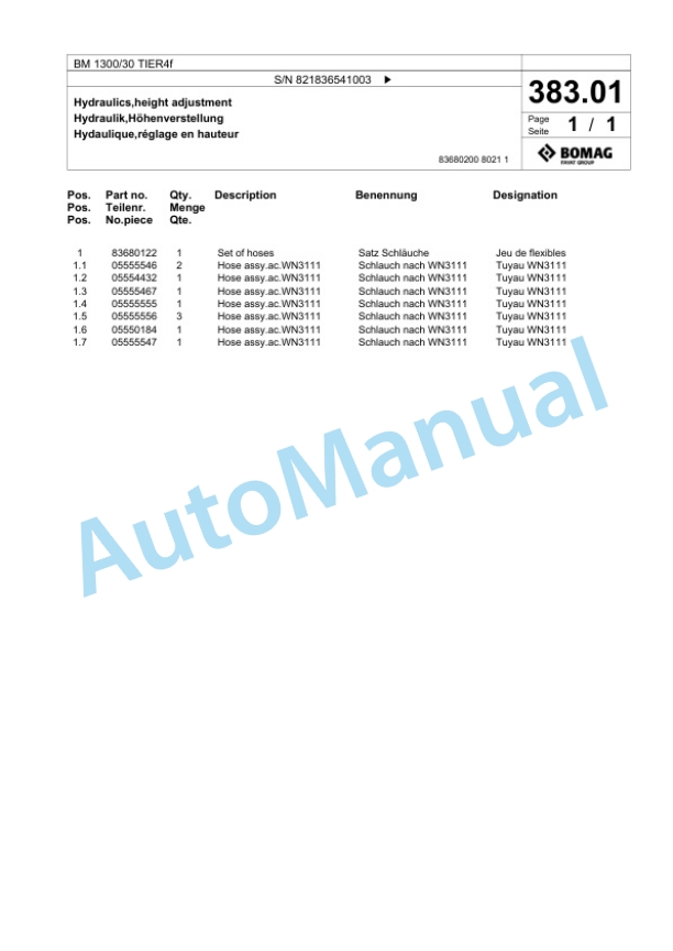 Bomag BM 1300-30 TIER4f Cold Milling Planer Spare Parts Catalogue 00824965-3