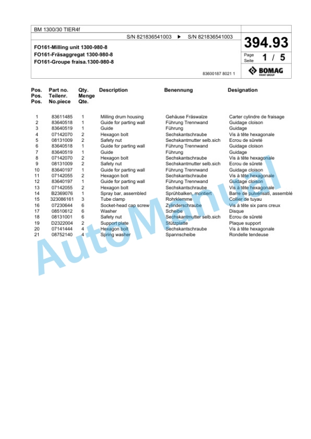 Bomag BM 1300-30 TIER4f Cold Milling Planer Spare Parts Catalogue 00824965-4