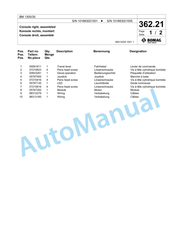 Bomag BM 1300-35 Cold Milling Planer Spare Parts Catalogue 00824535-2