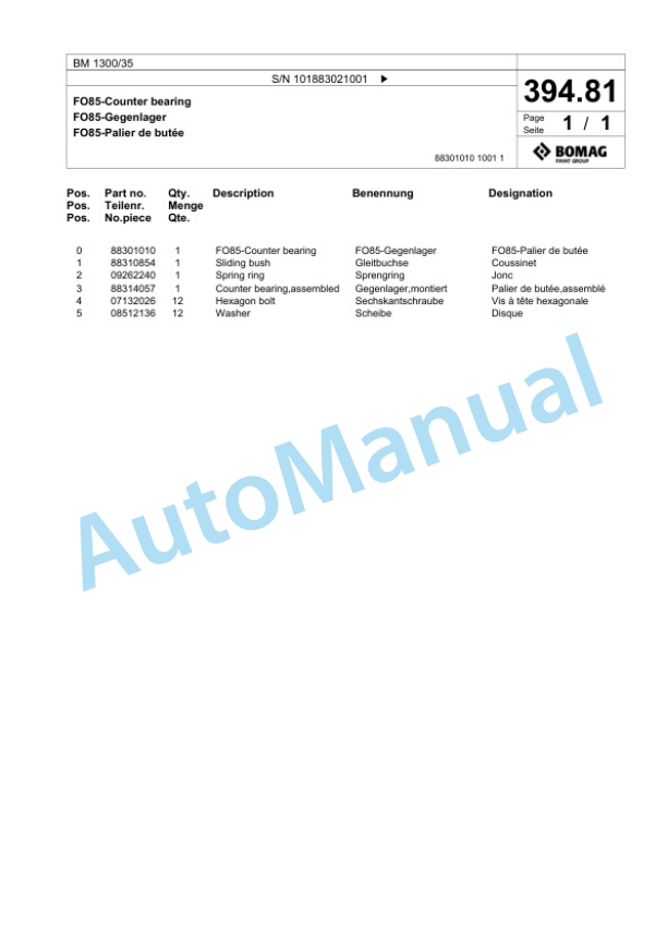 Bomag BM 1300-35 Cold Milling Planer Spare Parts Catalogue 00824535-5