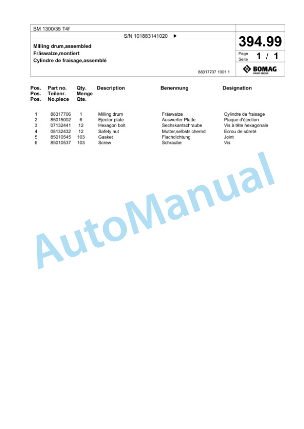 Bomag BM 1300-35 T4f Cold Milling Planer Spare Parts Catalogue 00825169-4