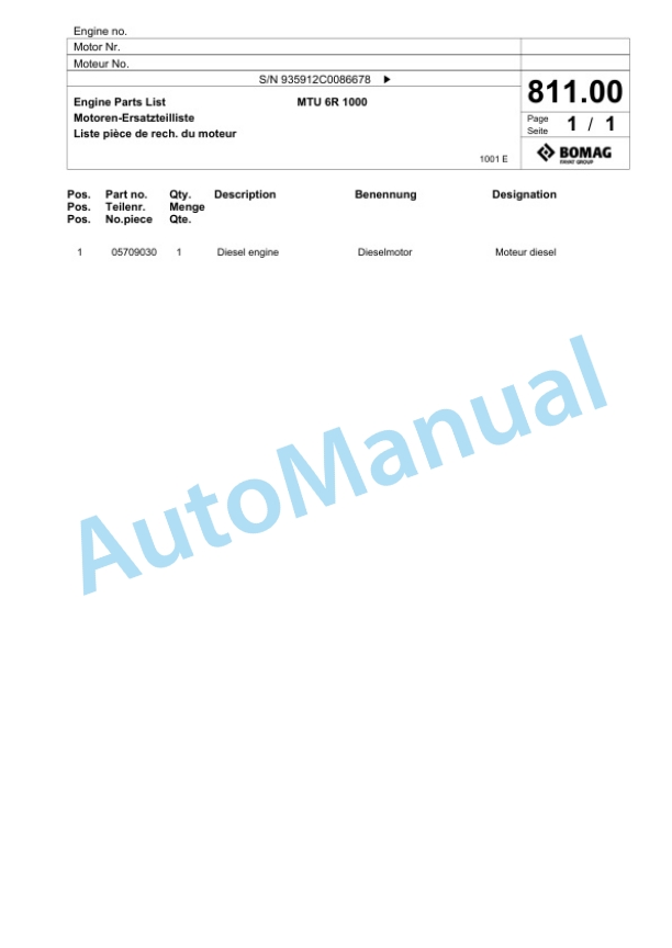 Bomag BM 1300-35 TE Cold Milling Planer Spare Parts Catalogue 00825879-5
