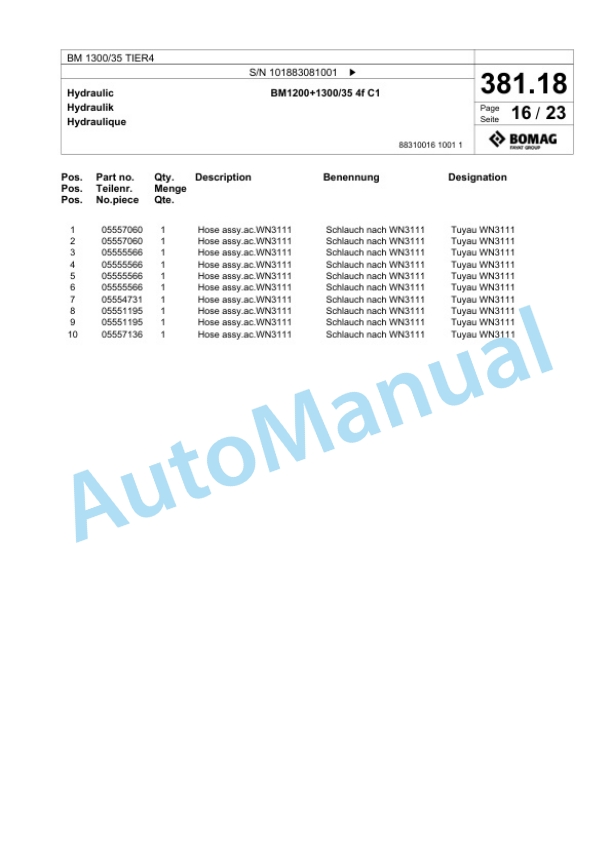 Bomag BM 1300-35 TIER4 Cold Milling Planer Spare Parts Catalogue 00824799-3