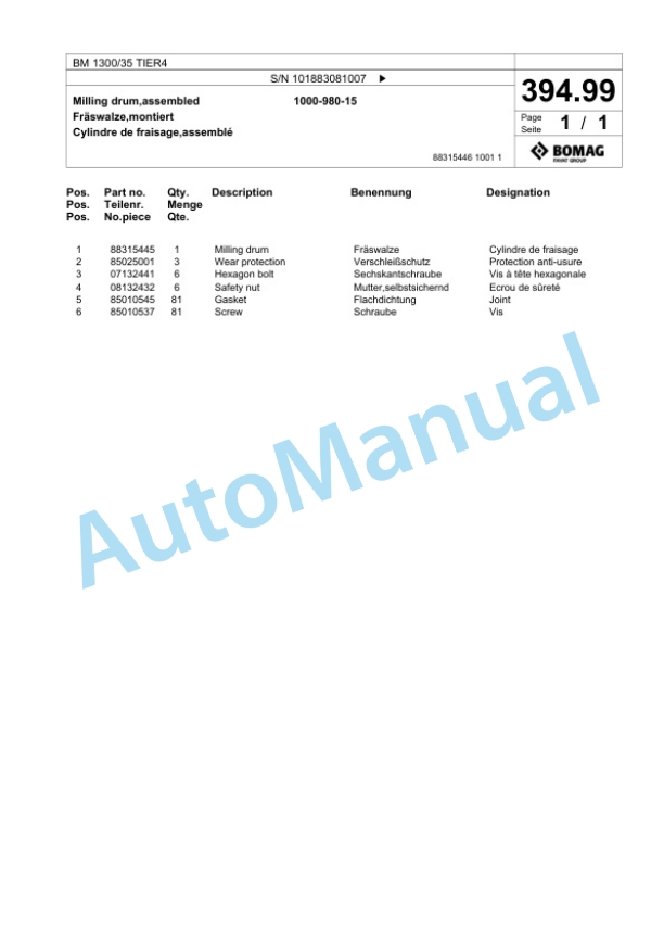 Bomag BM 1300-35 TIER4 Cold Milling Planer Spare Parts Catalogue 00824799-5