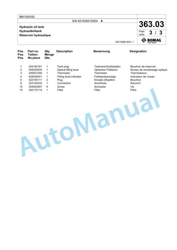 Bomag BM 1500-50 Cold Milling Planer Spare Parts Catalogue 00800627-2