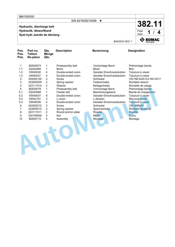 Bomag BM 1500-50 Cold Milling Planer Spare Parts Catalogue 00800627-3