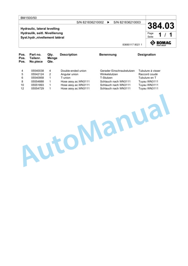 Bomag BM 1500-50 Cold Milling Planer Spare Parts Catalogue 00800627-4