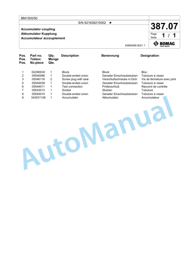 Bomag BM 1500-50 Cold Milling Planer Spare Parts Catalogue 00800627-5