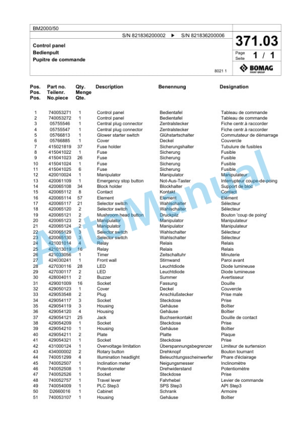 Bomag BM 2000-50 Cold Milling Planer Spare Parts Catalogue 00800629-2