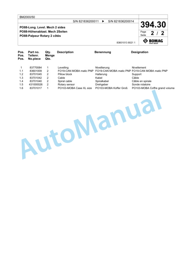 Bomag BM 2000-50 Cold Milling Planer Spare Parts Catalogue 00800629-5