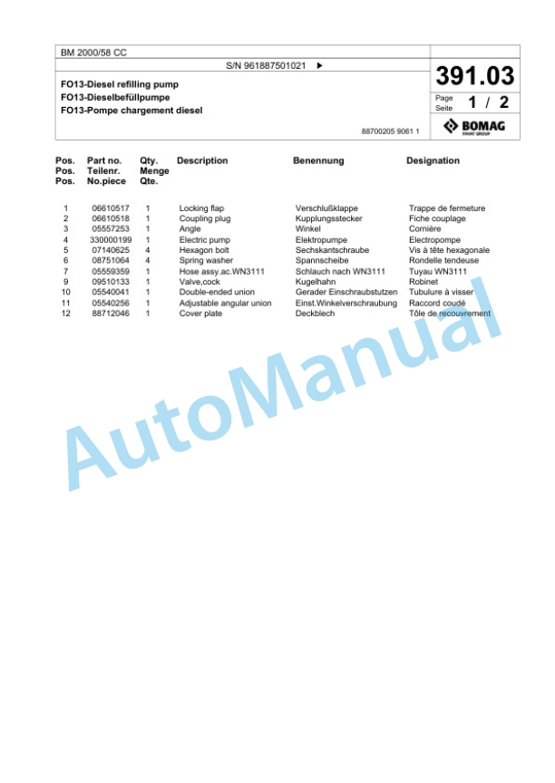 Bomag BM 2000-58 CC Cold Milling Planer Spare Parts Catalogue 00826829-3