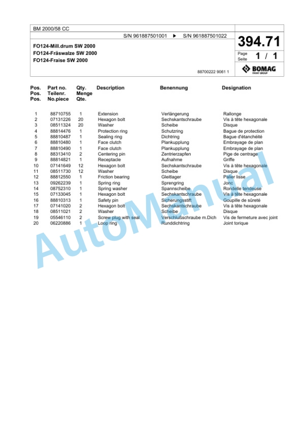 Bomag BM 2000-58 CC Cold Milling Planer Spare Parts Catalogue 00826829-4