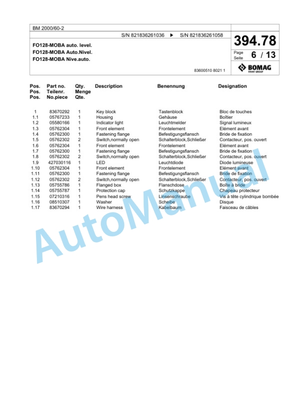 Bomag BM 2000-60-2 Cold Milling Planer Spare Parts Catalogue 00800693-4