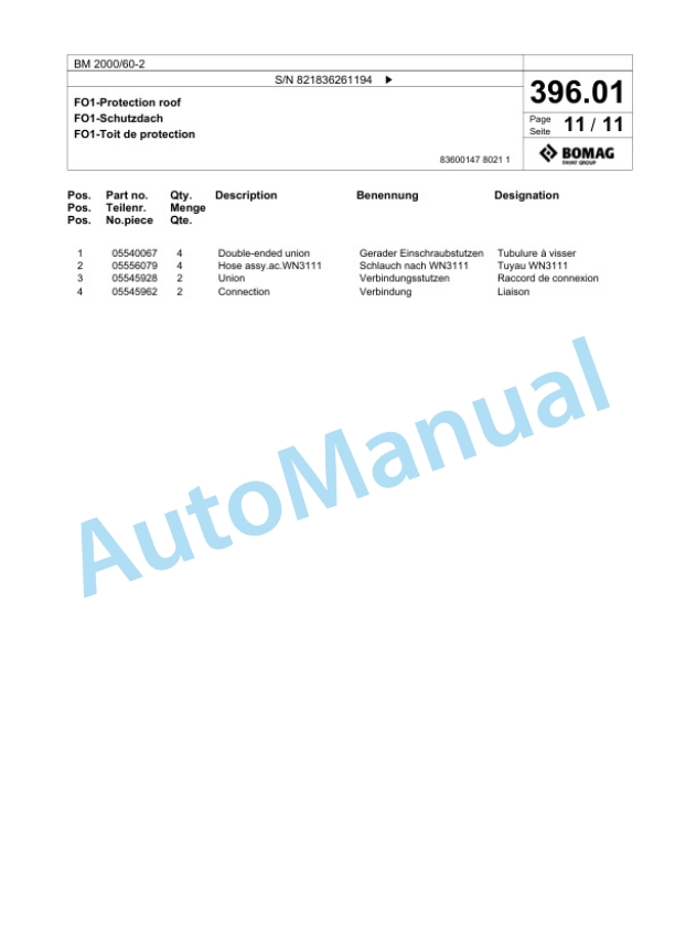 Bomag BM 2000-60-2 Cold Milling Planer Spare Parts Catalogue 00800693-5