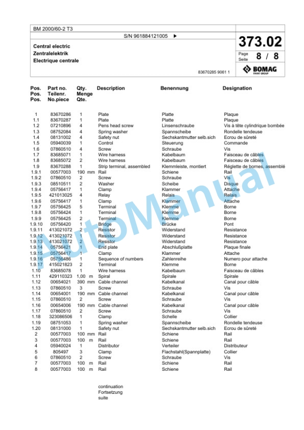 Bomag BM 2000-60-2 T3 Cold Milling Planer Spare Parts Catalogue 00826227-2