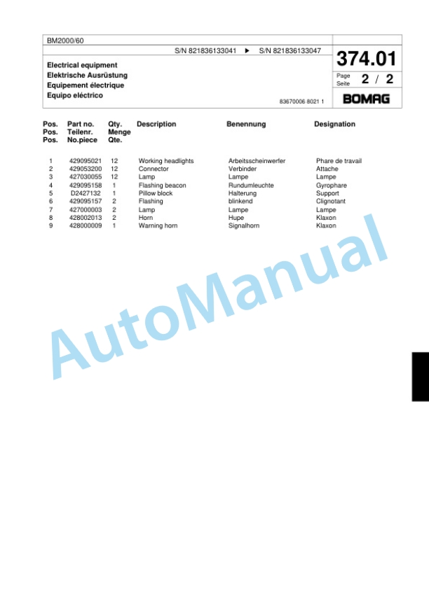 Bomag BM 2000-60 Cold Milling Planer Spare Parts Catalogue 00800609-2