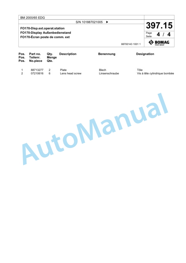 Bomag BM 2000-65 EDG Cold Milling Planer Spare Parts Catalogue 00826661-5