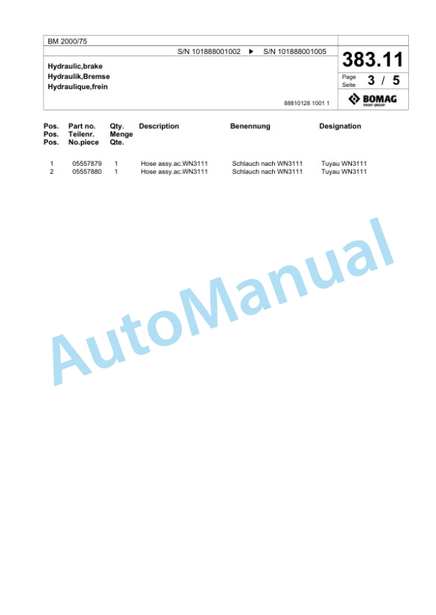 Bomag BM 2000-75 Cold Milling Planer Spare Parts Catalogue 00824741-3