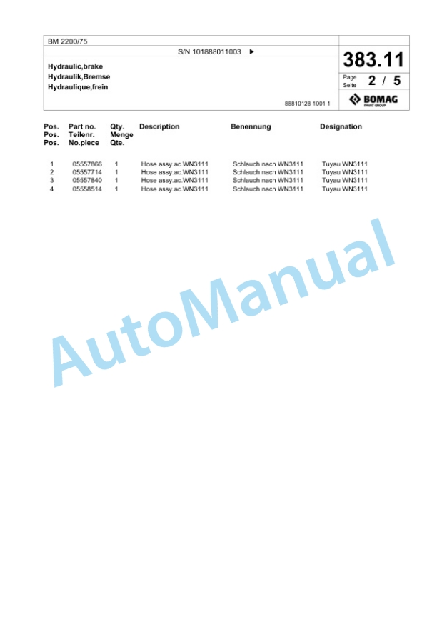 Bomag BM 2000-75 Cold Milling Planer Spare Parts Catalogue 00824801-3