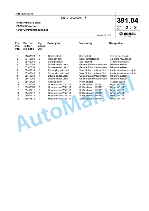 Bomag BM 2000-75 TE Cold Milling Planer Spare Parts Catalogue 00825881-3