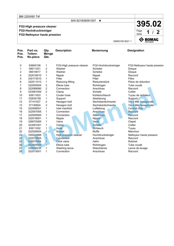 Bomag BM 2200-60 T4f Cold Milling Roller Spare Parts Catalogue 00825963-4