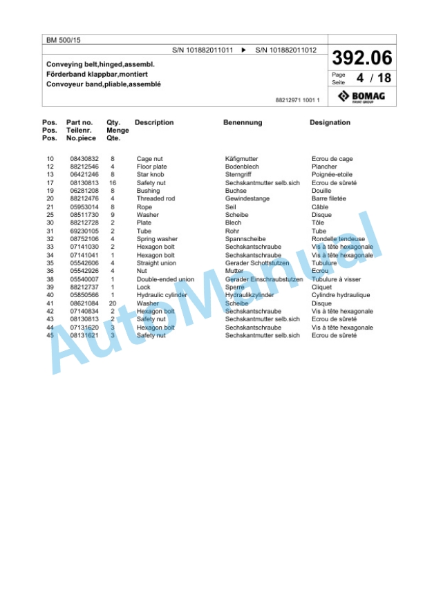 Bomag BM 500-15 Cold Milling Planer Spare Parts Catalogue 00818173-2