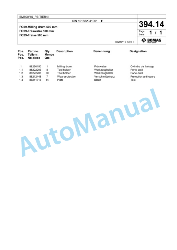 Bomag BM 500-15-PB TIER4I Cold Milling Planer Spare Parts Catalogue 00824743-3