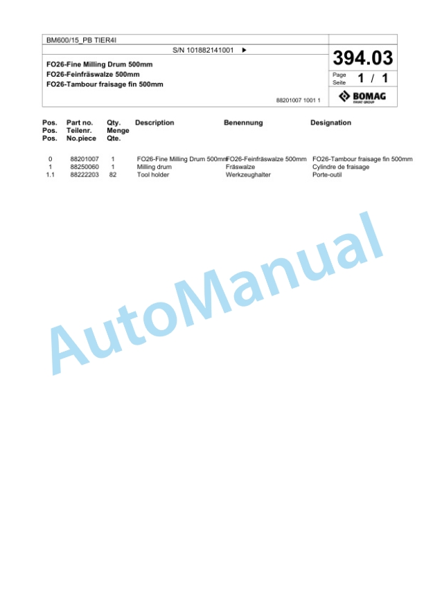 Bomag BM 600-15-PB TIER4I Cold Milling Planer Spare Parts Catalogue 00824745-3