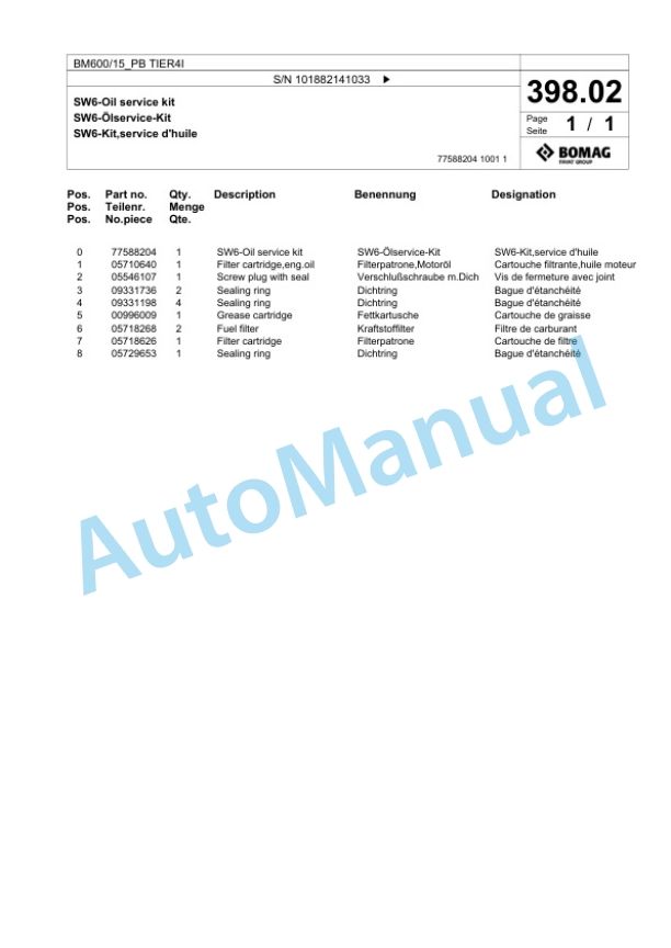 Bomag BM 600-15-PB TIER4I Cold Milling Planer Spare Parts Catalogue 00824745-4